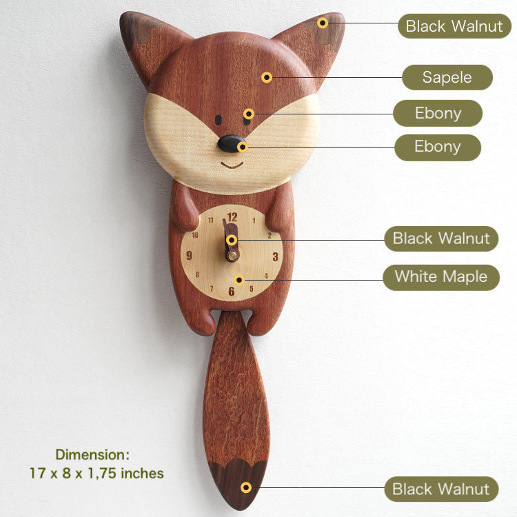 Fox Wall Clock – Handmade Solid Wood Inlay, Room Wall Art