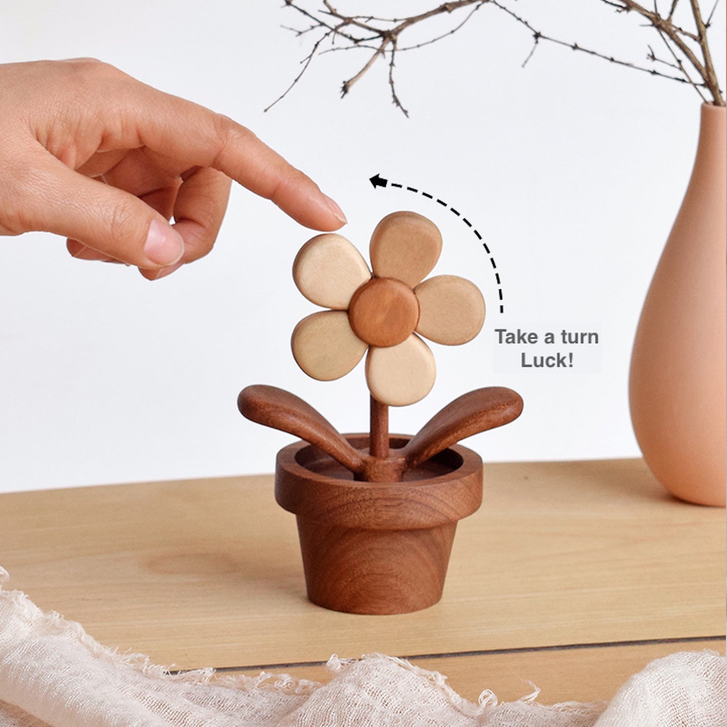 Wooden Flowerpot Diffuser Desk Spinner – Natural Wood Toy, Aroma Oil Diffuser