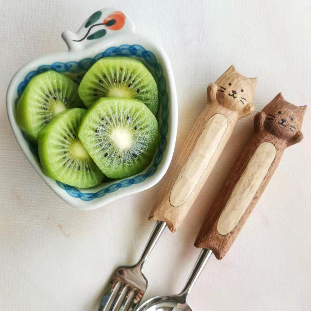 Cute Kitten Hand-Carved Spoon and Fork/HandCarved/Gifts