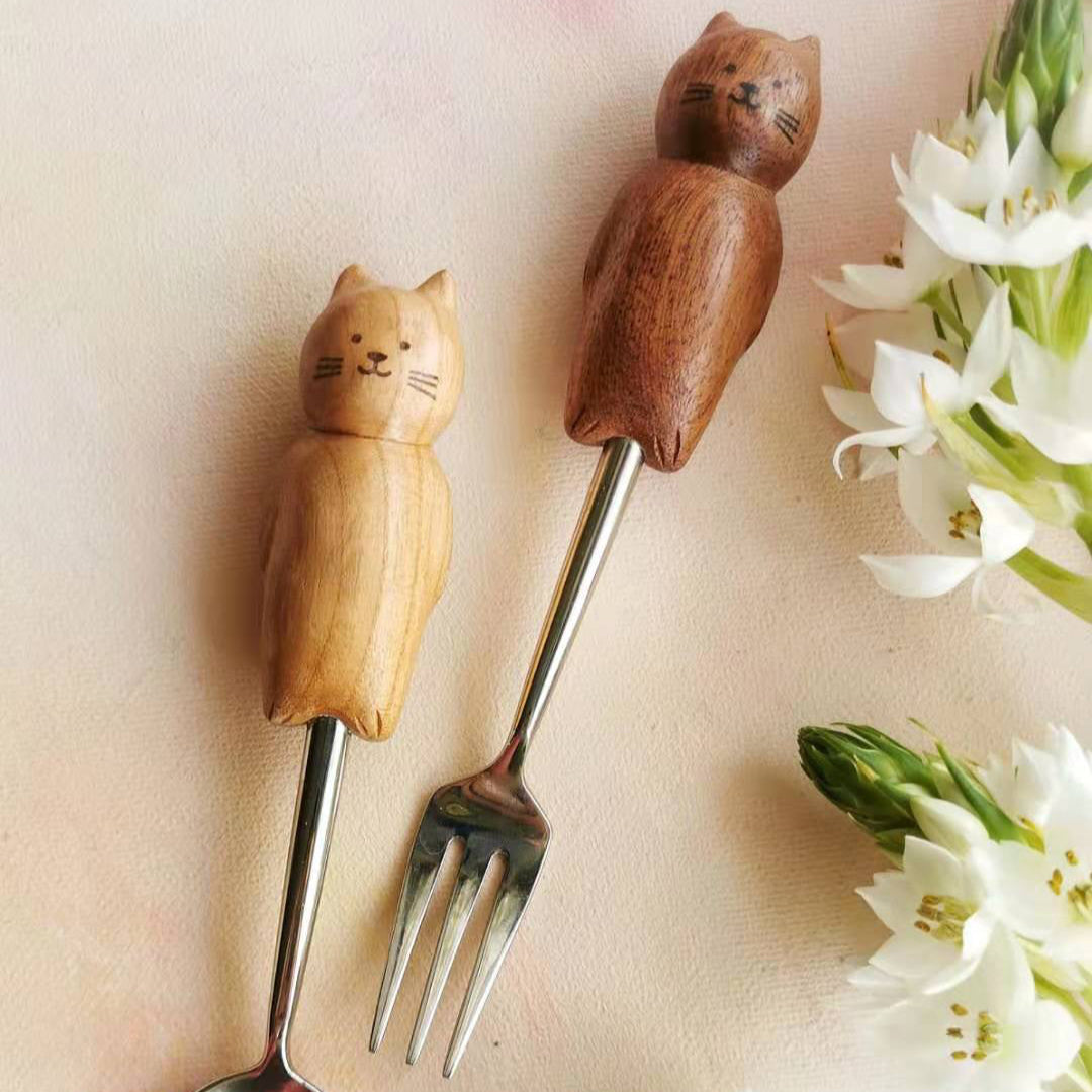 Cute Kitten Hand-Carved Spoon and Fork/HandCarved/Gifts