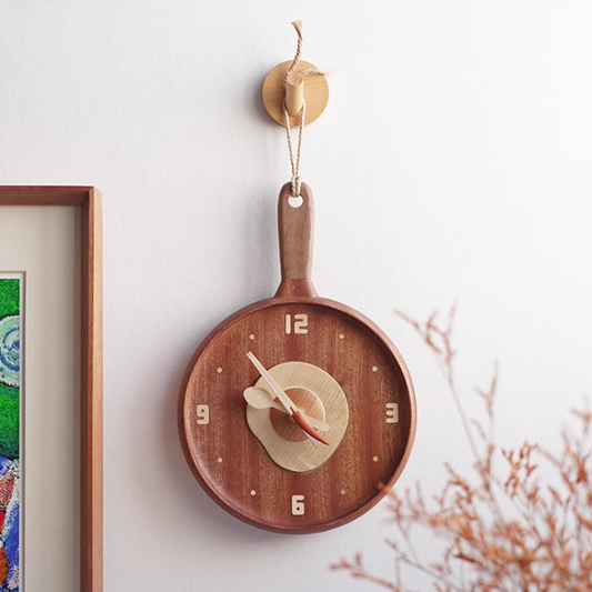 Sunny Side Up Wooden Wall Clock – Frying Pan Design with Spoon, Chopstick & Chili Hands, Handmade Gift