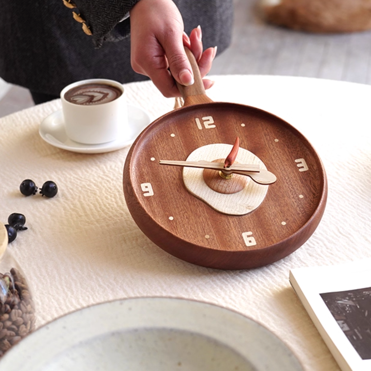 Sunny Side Up Wooden Wall Clock – Frying Pan Design with Spoon, Chopstick & Chili Hands, Handmade Gift