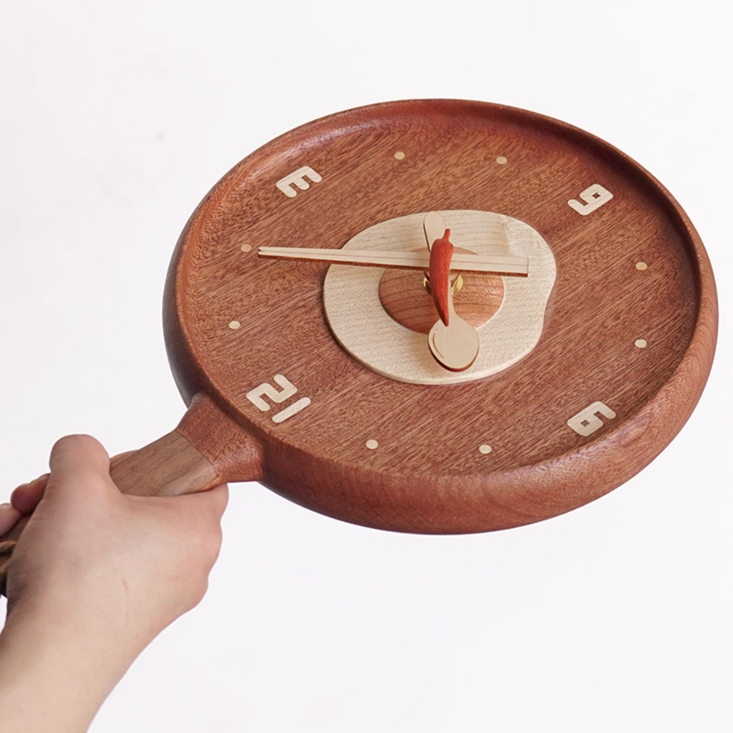 Sunny Side Up Wooden Wall Clock – Frying Pan Design with Spoon, Chopstick & Chili Hands, Handmade Gift