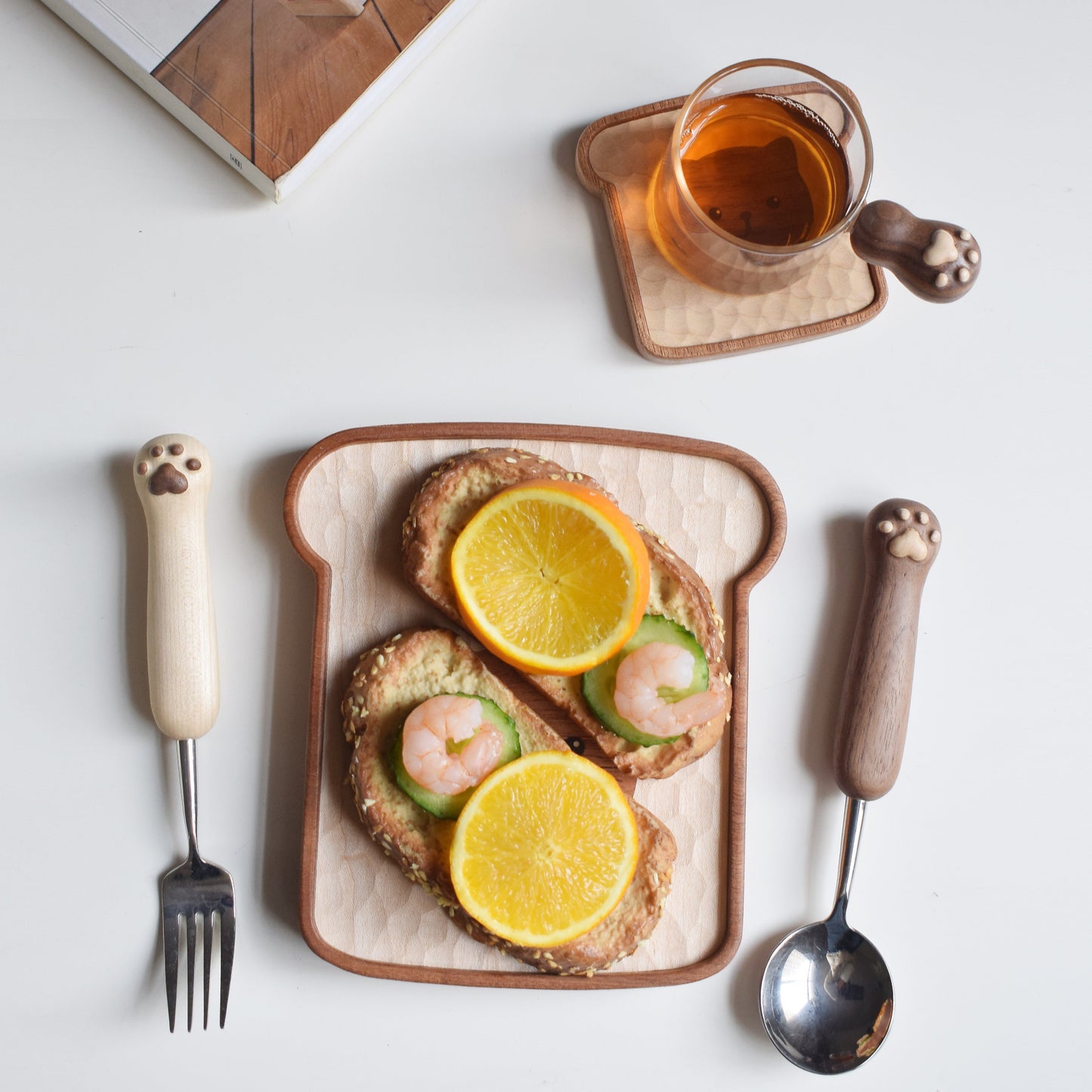 Toast Cat Hand-Carved Wooden Plate and Coaster