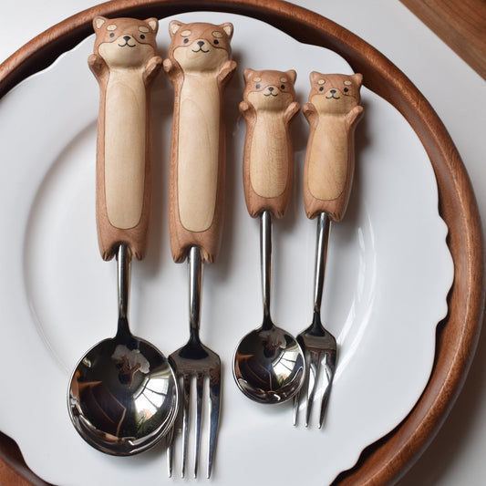 Adorable Hand-Carved Shiba Inu  Spoon and Fork | Kitchen Décor & Gifts