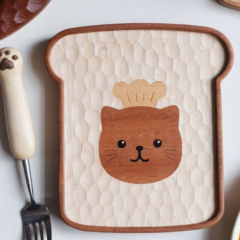 Toast Cat Hand-Carved Wooden Plate and Coaster